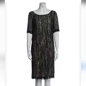 NWOT St. John $1,395 Hand Beaded 100% Silk Party Dress Size 8 Black Silver